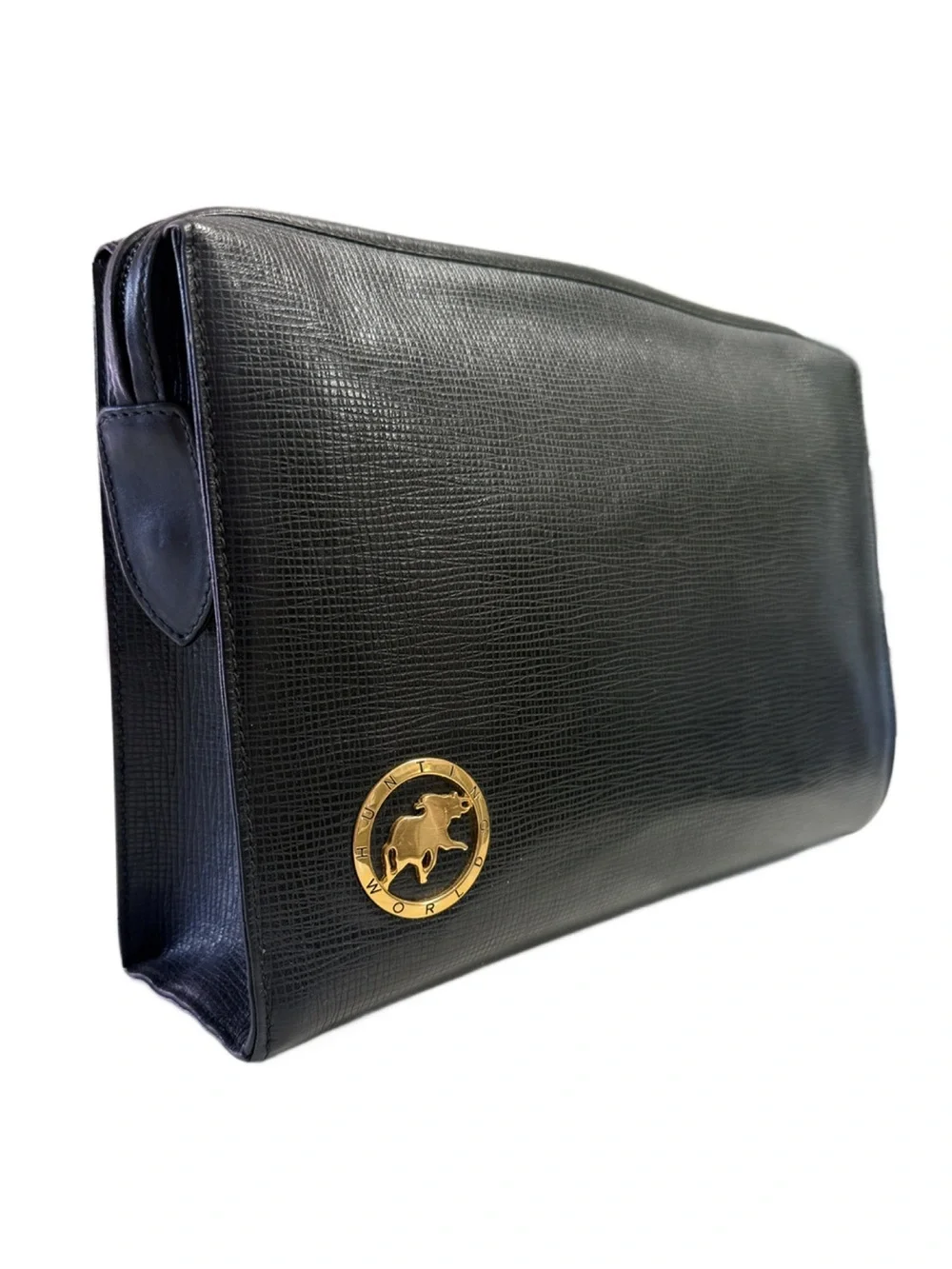 Hunting World Elephant Medallion Black Leather Vanity Clutch Pouch Made in Italy